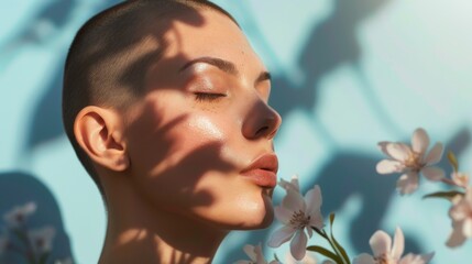 beautiful young woman with a shaved head on a light background with botanical shadows and light, the concept of summer care, aesthetics and extraordinary beauty
