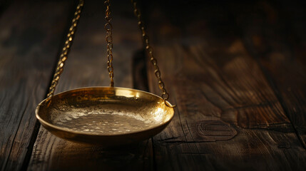A gold scale, used to weigh objects, sits on a wooden table. The black background makes the scale stand out.