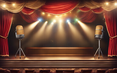 Event banner on a stage with microphones and flags, bright daylight, 4th of June celebration template