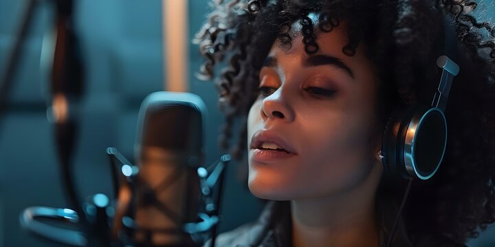 Recording professional voiceovers in a soundproof room A woman's job for dubbing and narration. Concept Voiceover Recording, Soundproof Studio, Female VO Artist, Dubbing, Narration