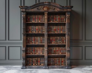 Ornate Wooden Bookshelf Backdrop for Elegant Literary or Educational Product Presentation