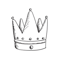 Set of Hand drawn doodle King crown sketches or majestic tiara, queen royal diadems. Line art prince and princess luxurious crowns head accessories isolated on white background, vector. 