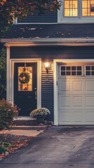 An outdoor light on the side wall of a garage, taken during the evening with natural lighting, illuminating and casting warm light over part of one door.