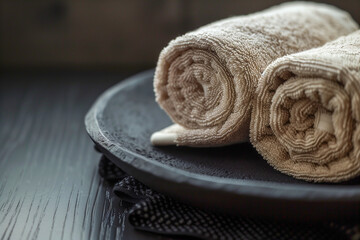 towels on a  black plate in a spa salon