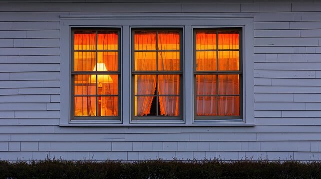 Fototapeta A window on the side of an American house with white trim, seen from outside at nighttime, softly illuminated.