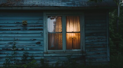 A window on the side of an American house with white trim, seen from outside at nighttime, softly illuminated.