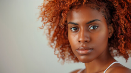 A woman with red hair and brown eyes is standing in front of a white wall. She has a natural, relaxed expression on her face. a beautyfull black woman with beautiful hair.