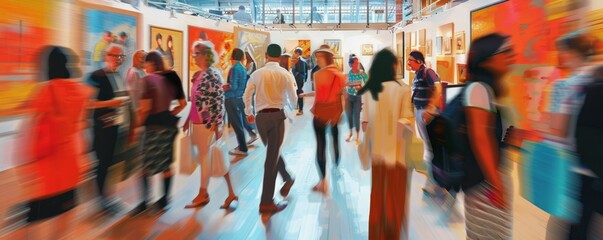 Friends attending an art fair for International Art Day, vibrant booths and artworks, 4K hyperrealistic photo.