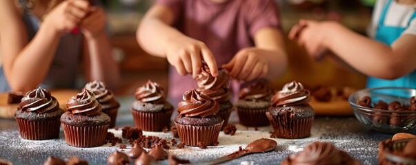 Kids making chocolate cupcakes for National Chocolate Cupcake Day, October 18th, decorating and eating cupcakes, 4K hyperrealistic photo.