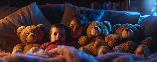 Family having a movie night for National Teddy Bear Day, September 9th, snuggling with their teddy bears, 4K hyperrealistic photo.