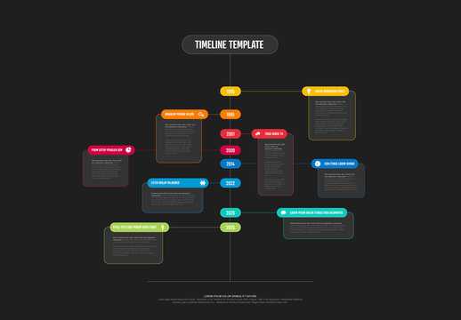 Vertical Infographic timeline template with rounded color content blocks with icons on dark background