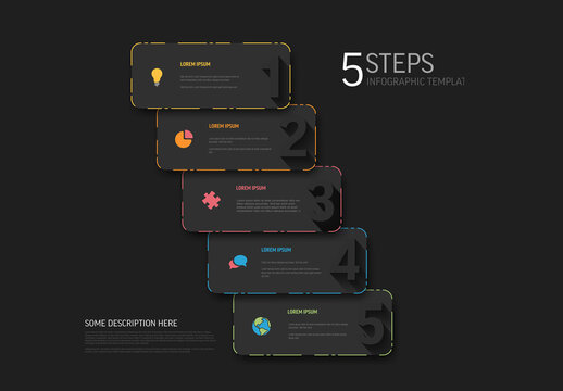 Five dark gray solid step blocks with big numbers in the corner - simple multipurpose infographic template