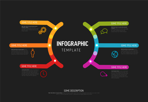 Multipurpose dark horizontal infographic layout template with big center and six smaller elements