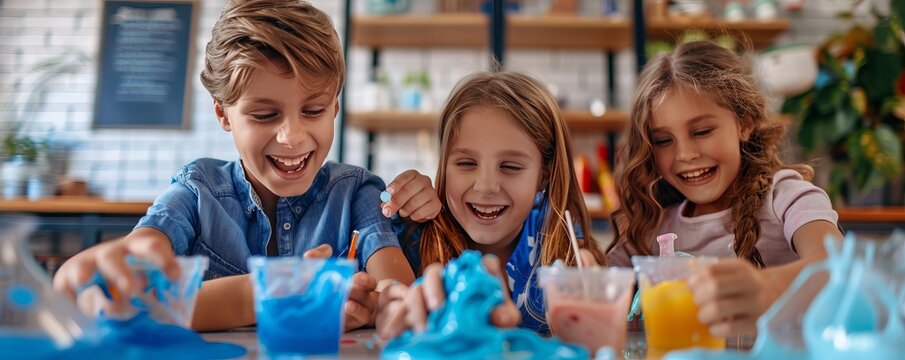 Kids making slime for National Be Bald and Be Free Day, October 14th, fun and messy activities, 4K hyperrealistic photo.