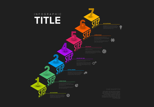 Seven Isometry steps template in - multipurpose dark diagonal infographic