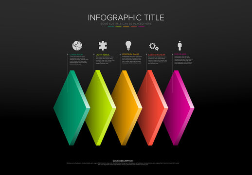 Multipurpose dark infographic template with five horizontal desk levels, icons and descriptions