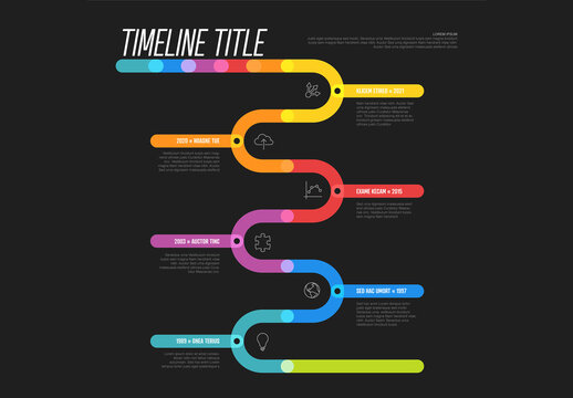 Thick line rainbow Infogrpahic timeline with branches template on black background