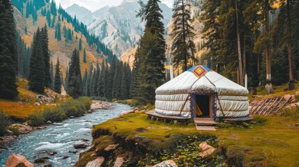 Two yurts in the grassland with green trees and rivers on their sides, featuring traditional Kazakh yurt decoration and colorful patterns on the white canvas cover, surrounded by a dense forest.
