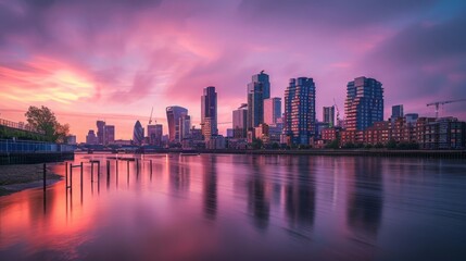 Obraz premium Stunning city skyline at sunset with vibrant colors reflecting on the water