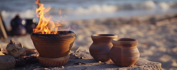 Summer beachside pottery firing demonstration, potters and kiln firing, 4K hyperrealistic photo.