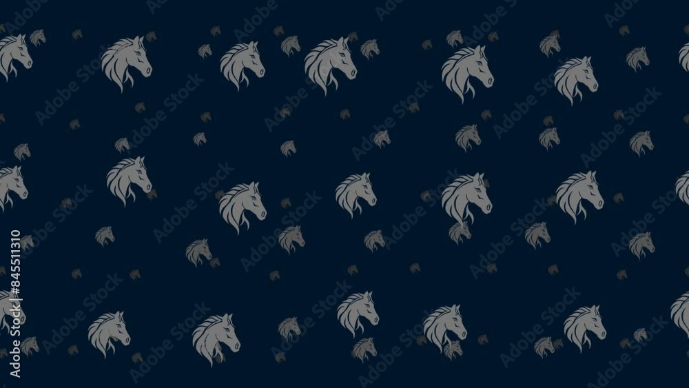 Poster horse's head symbols float horizontally from left to right. parallax fly effect. floating symbols ar