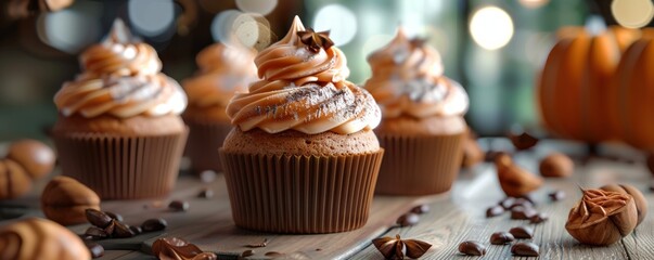 Making pumpkin spice latte cupcakes, November 5th, mini treats and coffee flavors, 4K hyperrealistic photo.