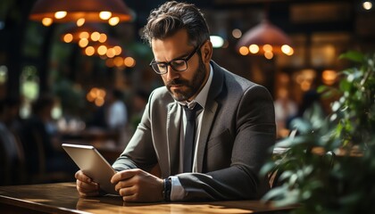 Obraz premium A focused businessman in a suit works on a tablet in a cozy, dimly-lit cafe, surrounded by warm lights and a relaxed ambiance.