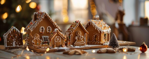 Family decorating their home for National Gingerbread Day, November 21st, making gingerbread houses, 4K hyperrealistic photo.