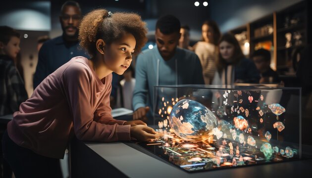 Enthralled child explores a vibrant holographic display at a futuristic science museum, capturing wonder and curiosity in a dynamic scene.