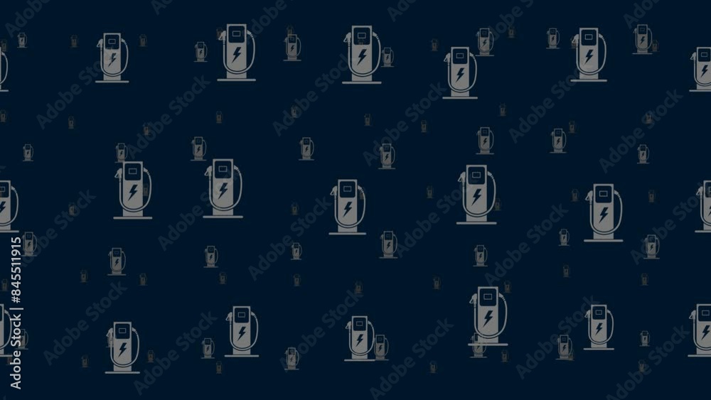 Poster electric charging station symbols float horizontally from left to right. parallax fly effect. floati