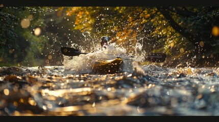 Kayaker in action, paddling through a river with splashing water and sunlight. Capturing the essence of adventurous outdoor water sports.