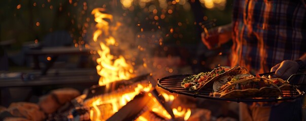 Friends hosting a bonfire for National Taco Day, October 4th, grilling tacos and enjoying the warmth, 4K hyperrealistic photo.