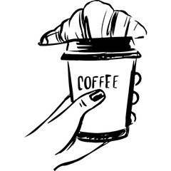Hand Holds To-Go Coffee Cup with Croissant