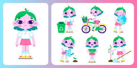 Obraz premium Cartoon eco friendly mascot. Cute girl ecological character activity vector set. Adorable child saves the earth.