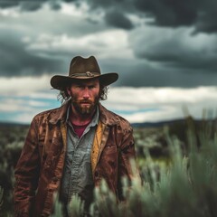 Rugged cowboy in leather jacket standing in wild landscape amidst dramatic cloudy sky