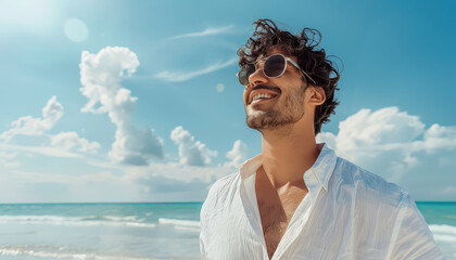 A man is standing in the ocean wearing a green shirt