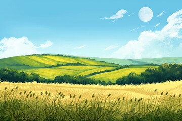 Blue sky and yellow wheat field crop agricultural landscape with ripe harvest with green hills AI generative illustration