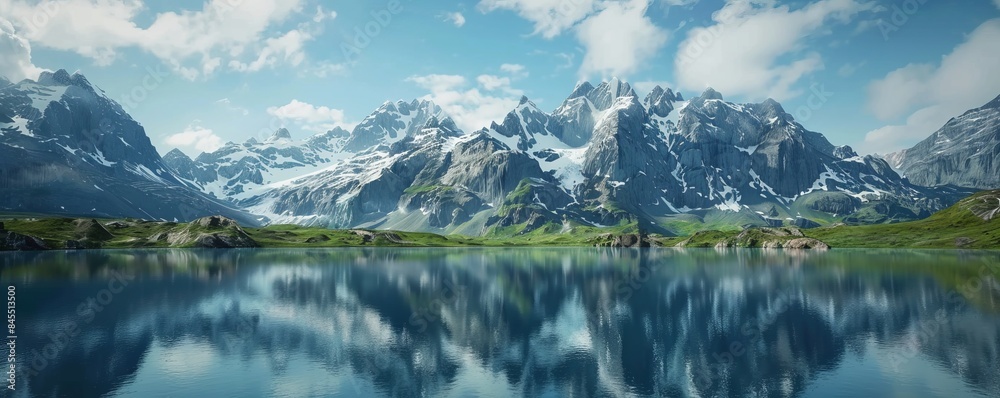 Wall mural majestic mountain range with snow-capped peaks reflected in a calm lake, 4k hyperrealistic photo