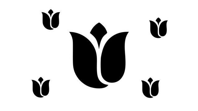 Zoom in and out animation the tulip symbol. Large black symbol in the center and four small symbols around. Seamless looped 4k animation on white background