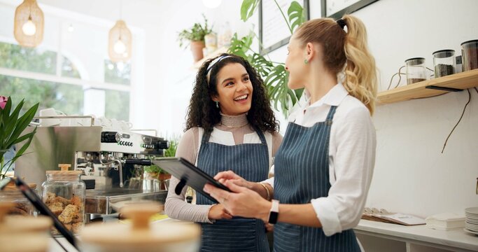 Woman, cafe and employees talking with tablet, happy and laughing in conversation or learning with new staff. Digital, small business or touch screen systems, online search or program with teamwork - Powered by Adobe