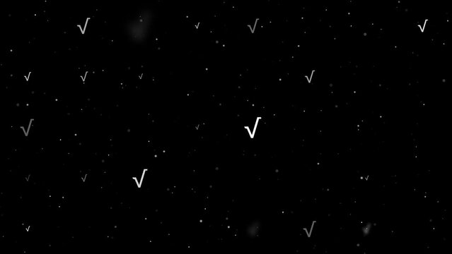Template animation of evenly spaced square root symbols of different sizes and opacity. Animation of transparency and size. Seamless looped 4k animation on black background with stars
