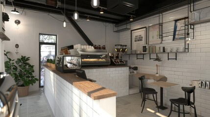 a coffee shop interior with a white tiled bar, wooden counter, and green chairs, showcasing both front and side views against a white brick wall background.