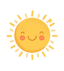 Cute cartoon sun with a happy smiling face and blushing cheeks. Perfect for children illustrations and summer themes, isolated on transparent background cutout.