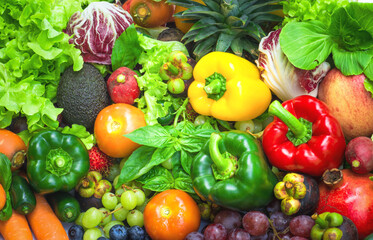 Tropical fresh fruits and vegetables organic after washed, Arrangement different vegetables organic for eating healthy and dieting