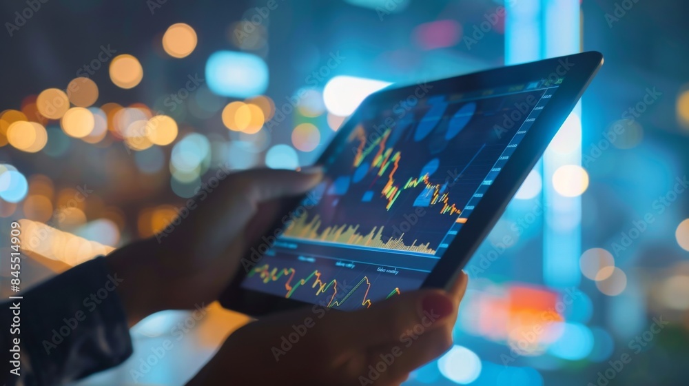 Poster person holding a tablet displaying a gold price graph with fluctuating trends
