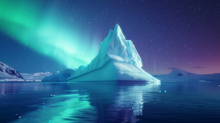 An iceberg casts its shadow against the ethereal glow of the aurora borealis, a captivating...