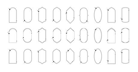 Set of minimal linear frames with sparkles. Aesthetic templates for posters, posts and stories. Simple y2k style graphic design element. Vector illustration.