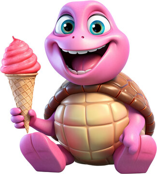 A smiling pink turtle holding a delicious strawberry ice cream cone, invoking feelings of joy and the simple pleasures of summer.