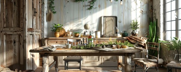 Rustic dining room with a reclaimed wood table, farmhouse chairs, and natural elements, 4K hyperrealistic photo