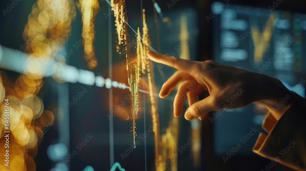 Fototapete Person pointing at a projection screen displaying a gold price graph during a business presentation